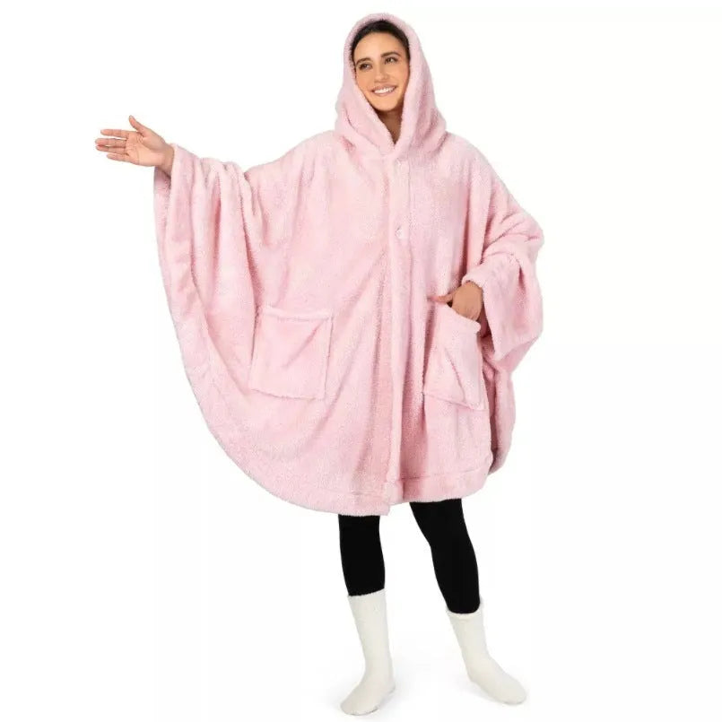 Thickened hooded bathrobe in cardigan style shown in black, dark grey, and pink colour options.