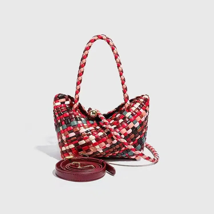Colourful women's woven shoulder bag made from PU leather with braided texture.