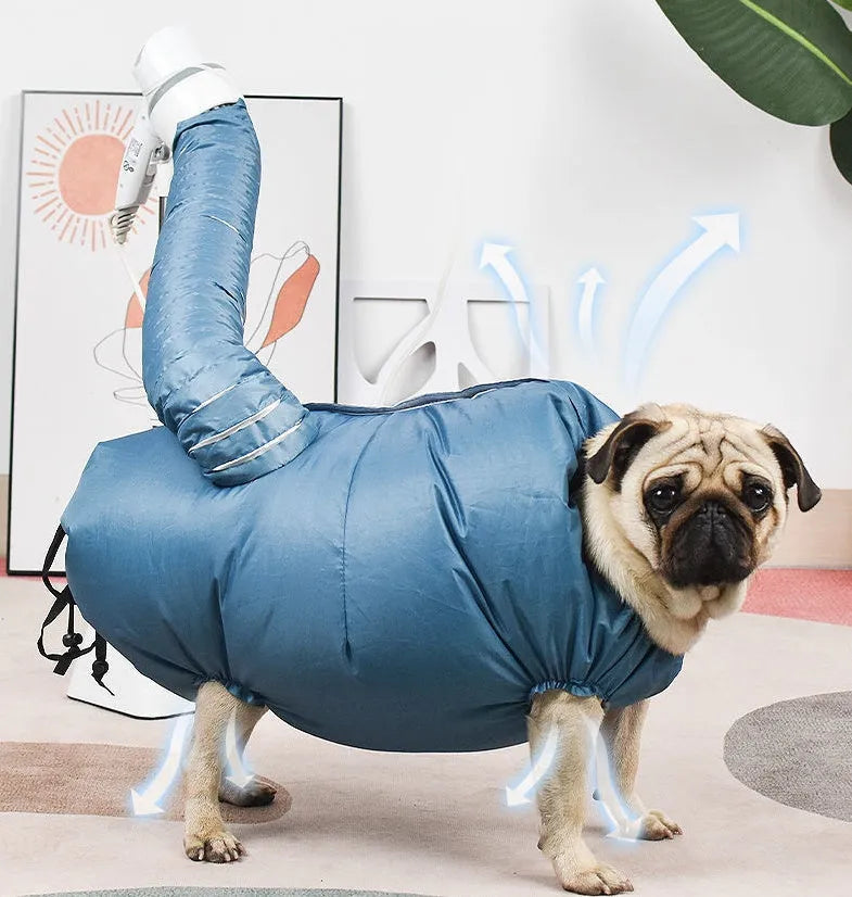 Blue automatic dog drying bag made from high-density Oxford cloth with silver-plated film, available in sizes S to XXL for dogs 2.5-50 kg