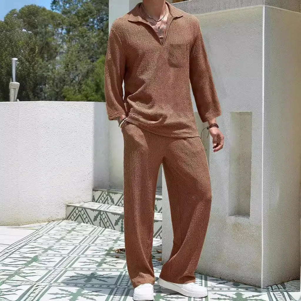 Men's casual shirt and trousers suit in polyester, shown in lake blue, khaki, black, and caramel colour options.