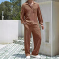Men's casual shirt and trousers suit in polyester, shown in lake blue, khaki, black, and caramel colour options.