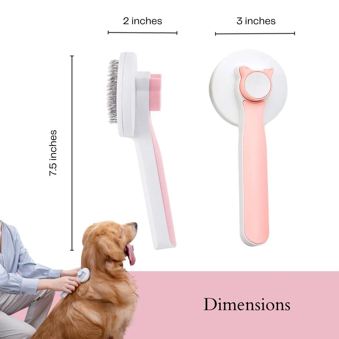 Self-cleaning pet grooming brush with blue rubber handle and stainless steel bristles