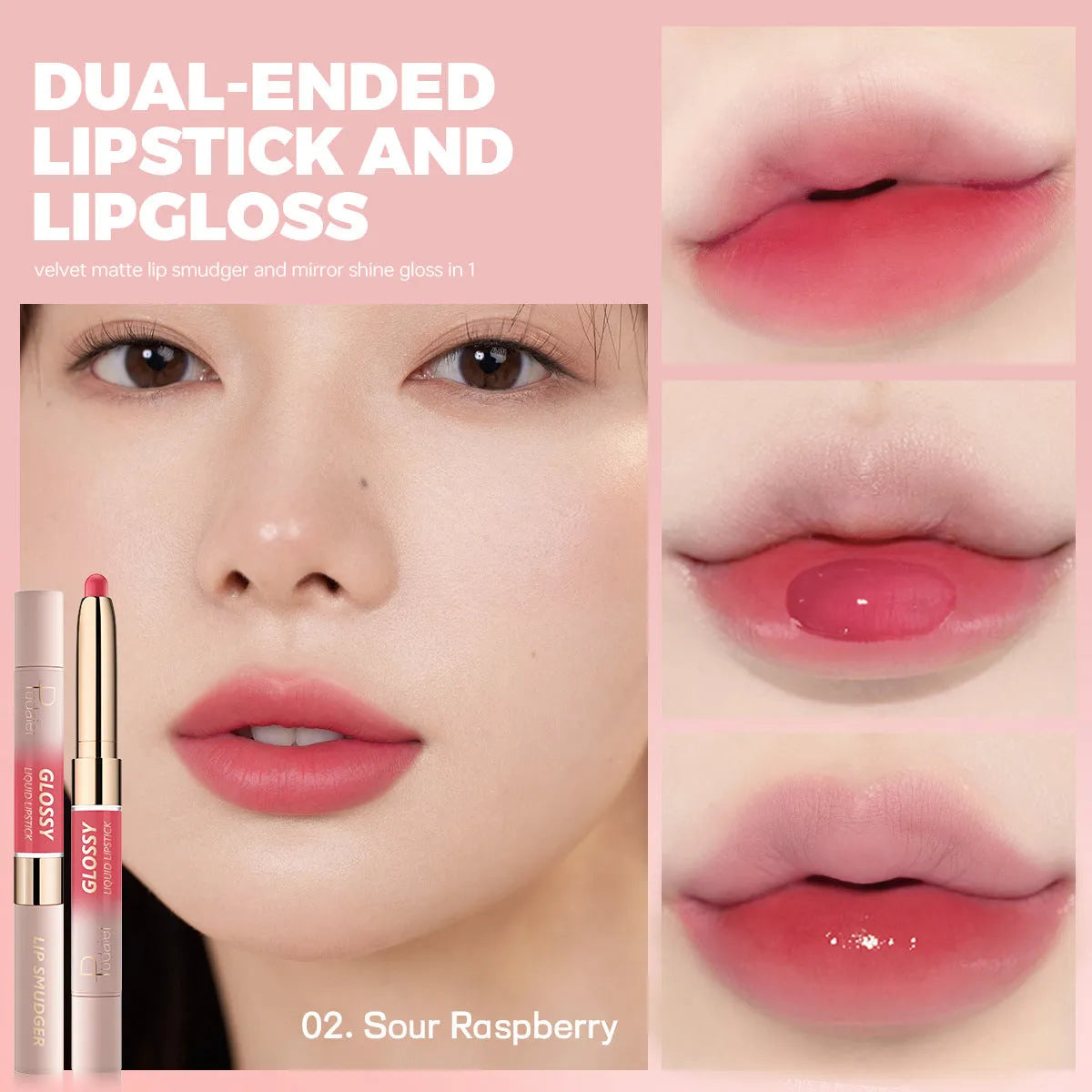 Double-headed lipstick and lip gloss set showing ten matte finish colour options.