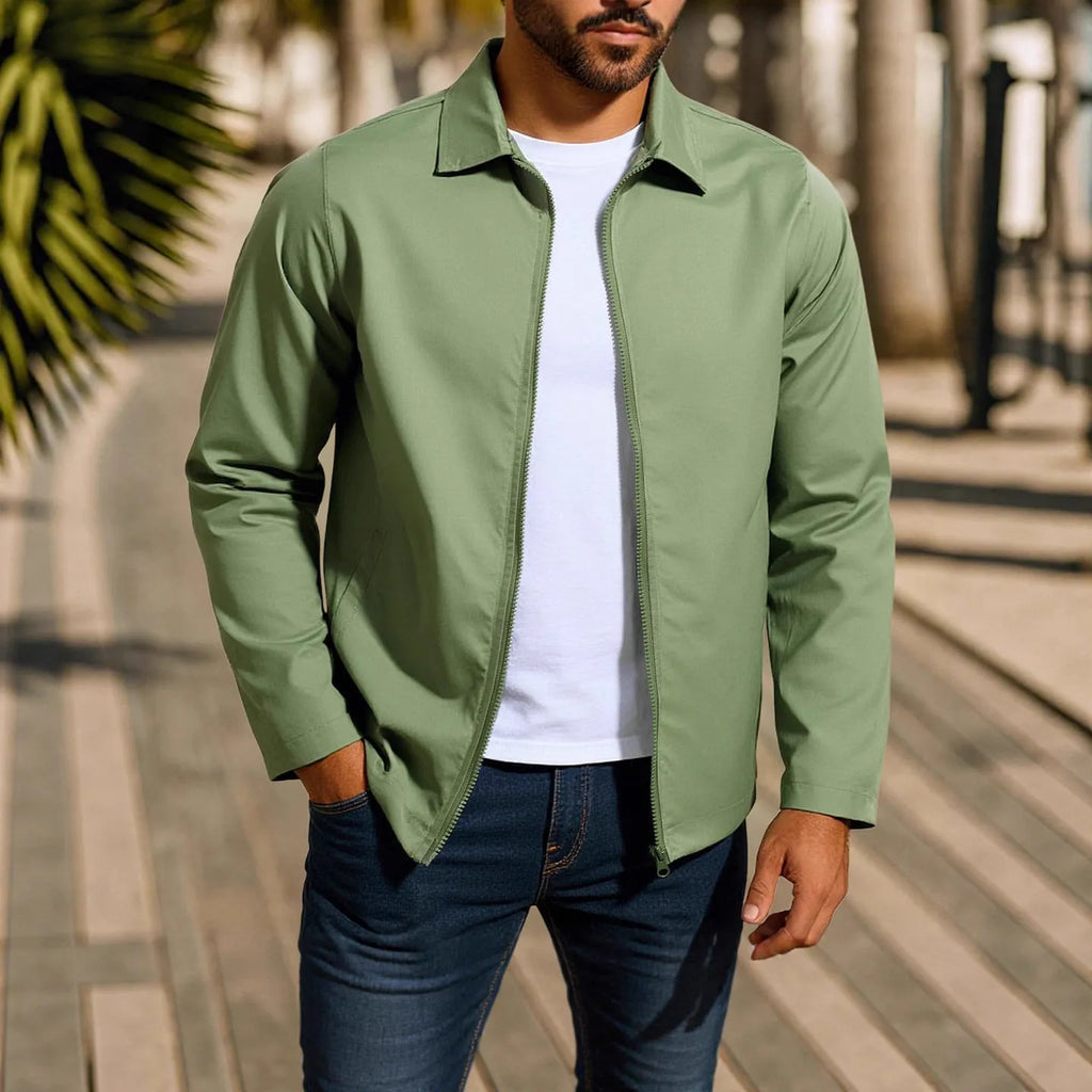 Men's zip-front cardigan jacket with raglan sleeves in emerald green, shown on a model.