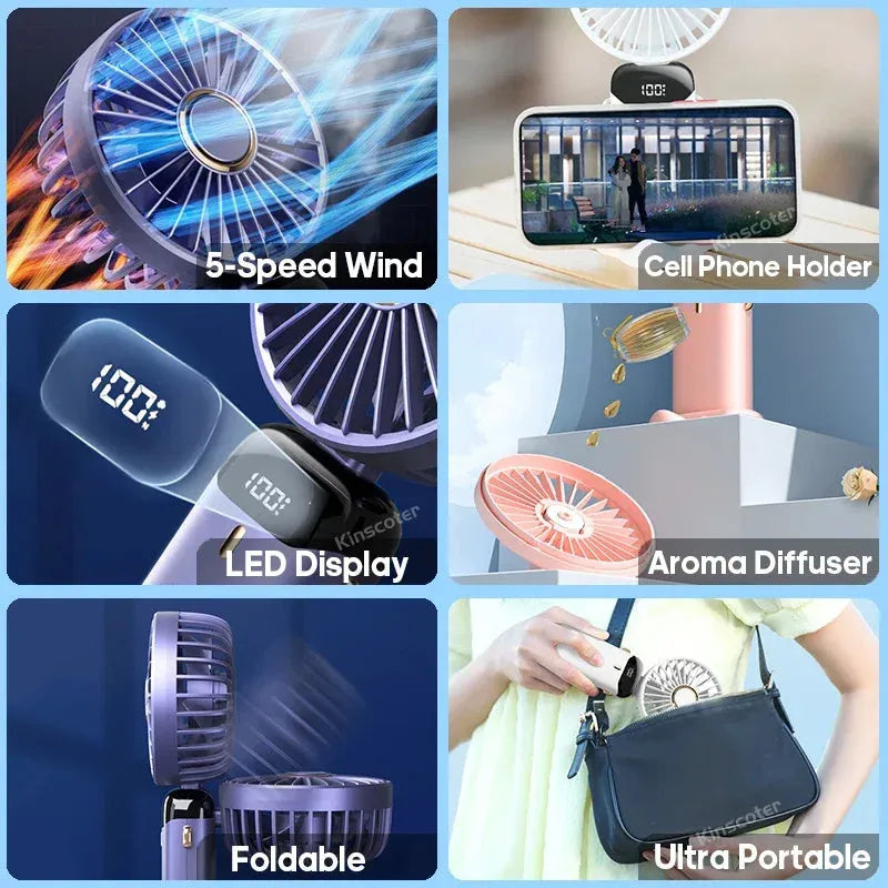 Blue portable USB rechargeable fan shown in handheld mode, with folding neck strap and digital battery display