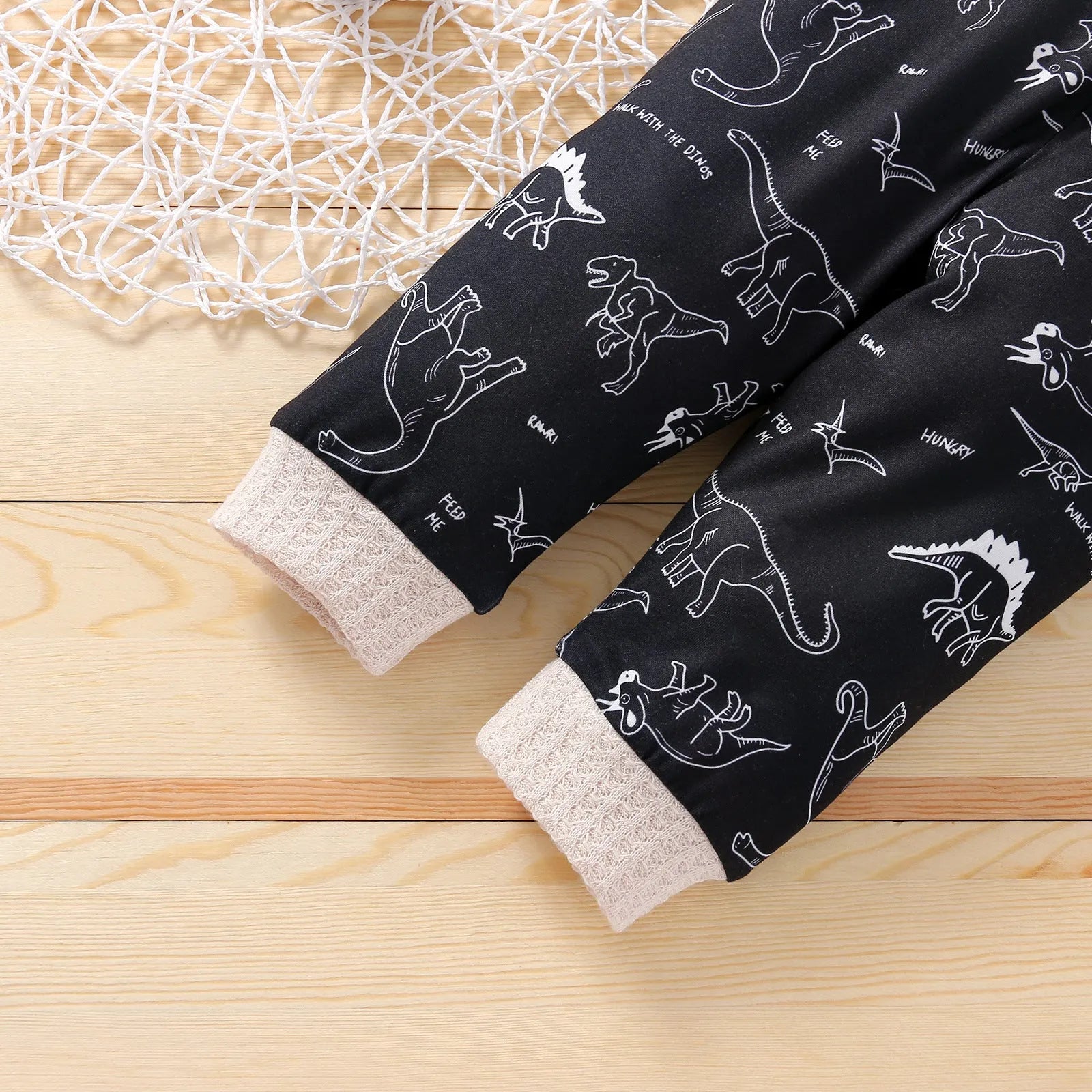 Children's cotton knitted stitching sports suit with cartoon dinosaur pattern in grey colour, pullover style pants set