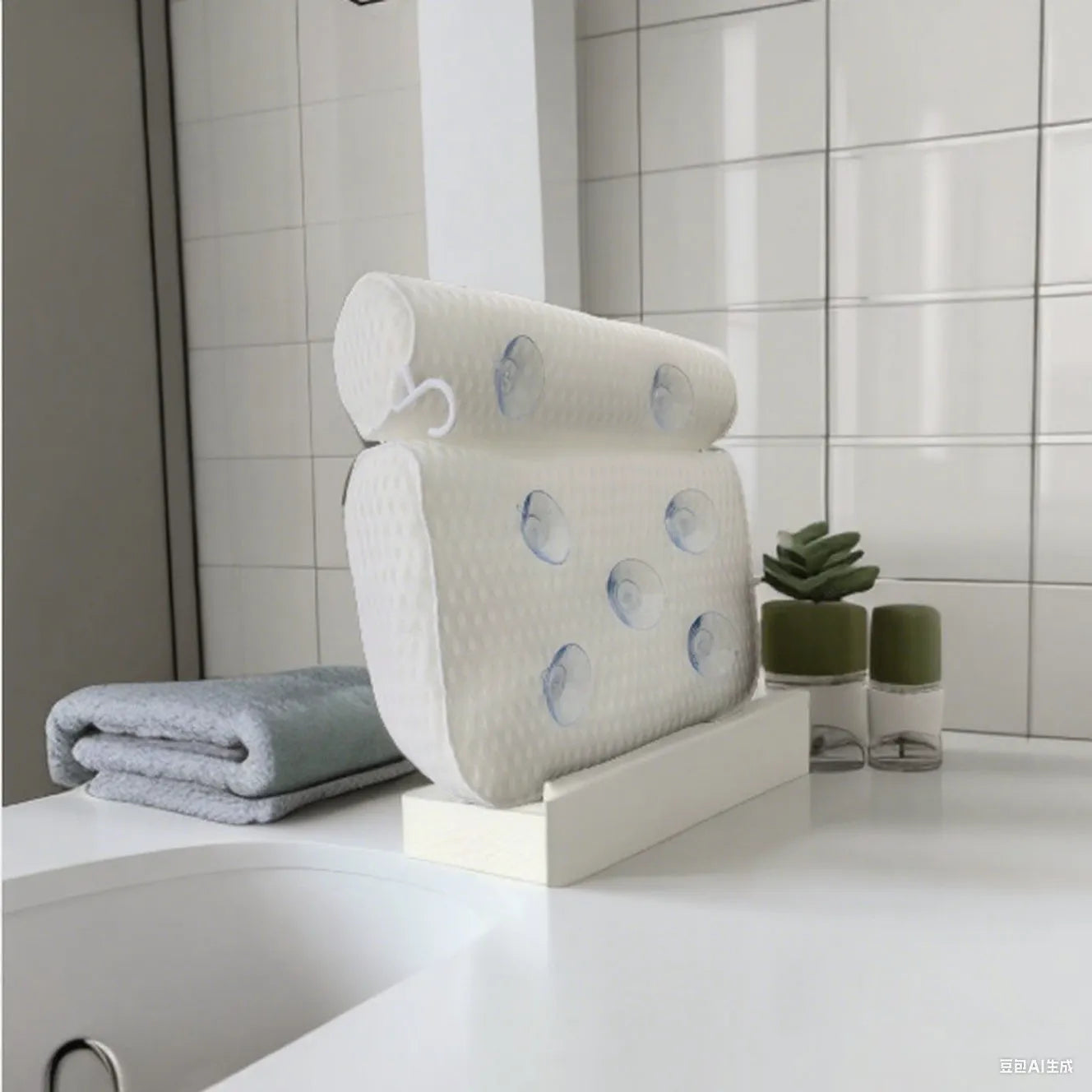 White 4D mesh bathtub pillow with suction cups on a bathtub