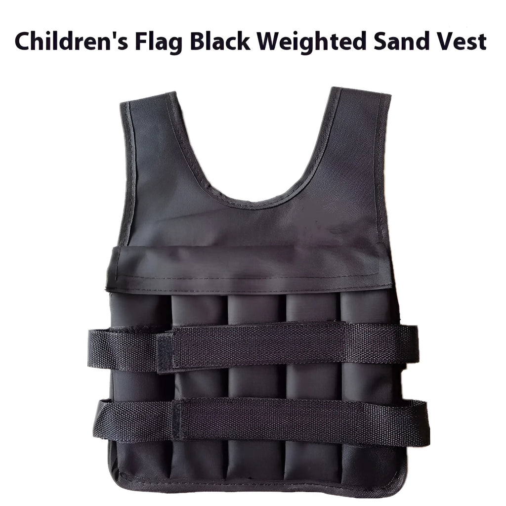 Children's adjustable voile sand vest with removable weight pouches on a mannequin.