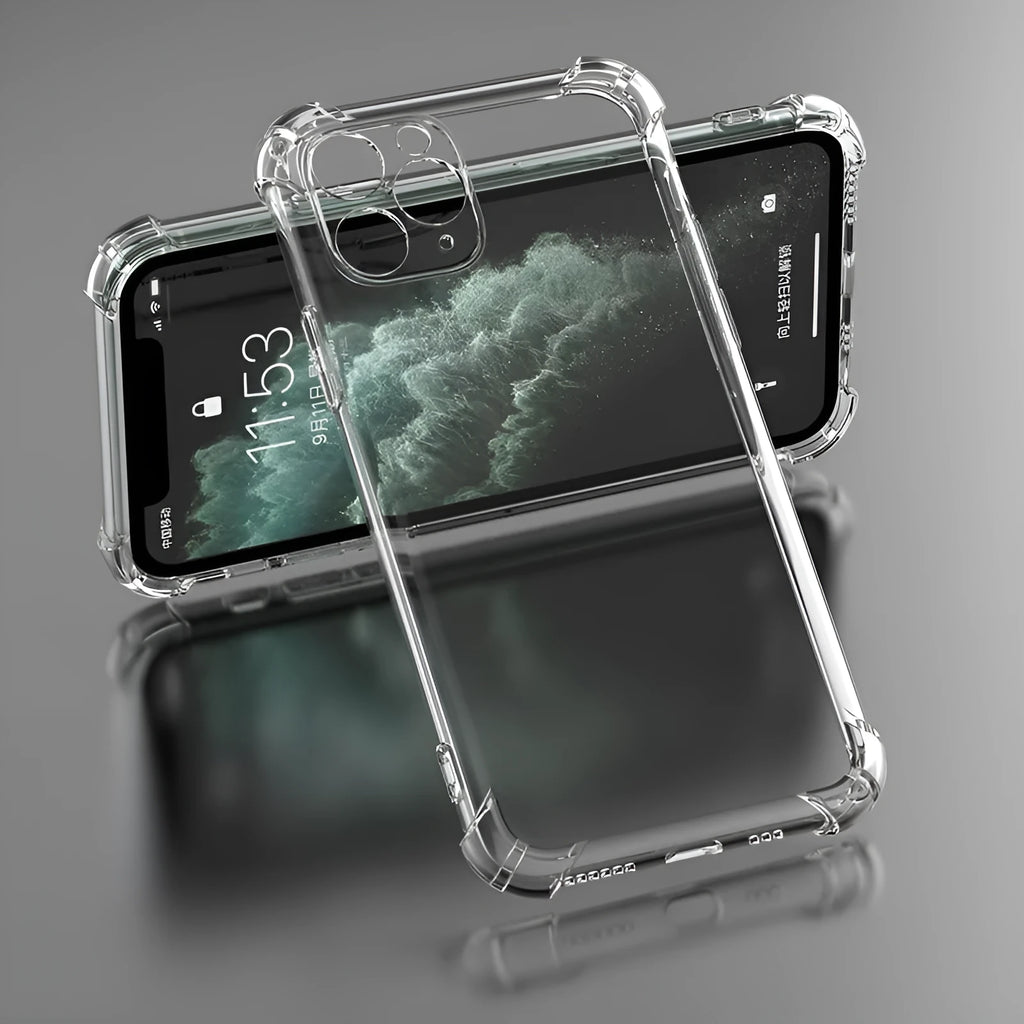 Transparent shockproof TPU phone case for Apple iPhone, shown on a table.