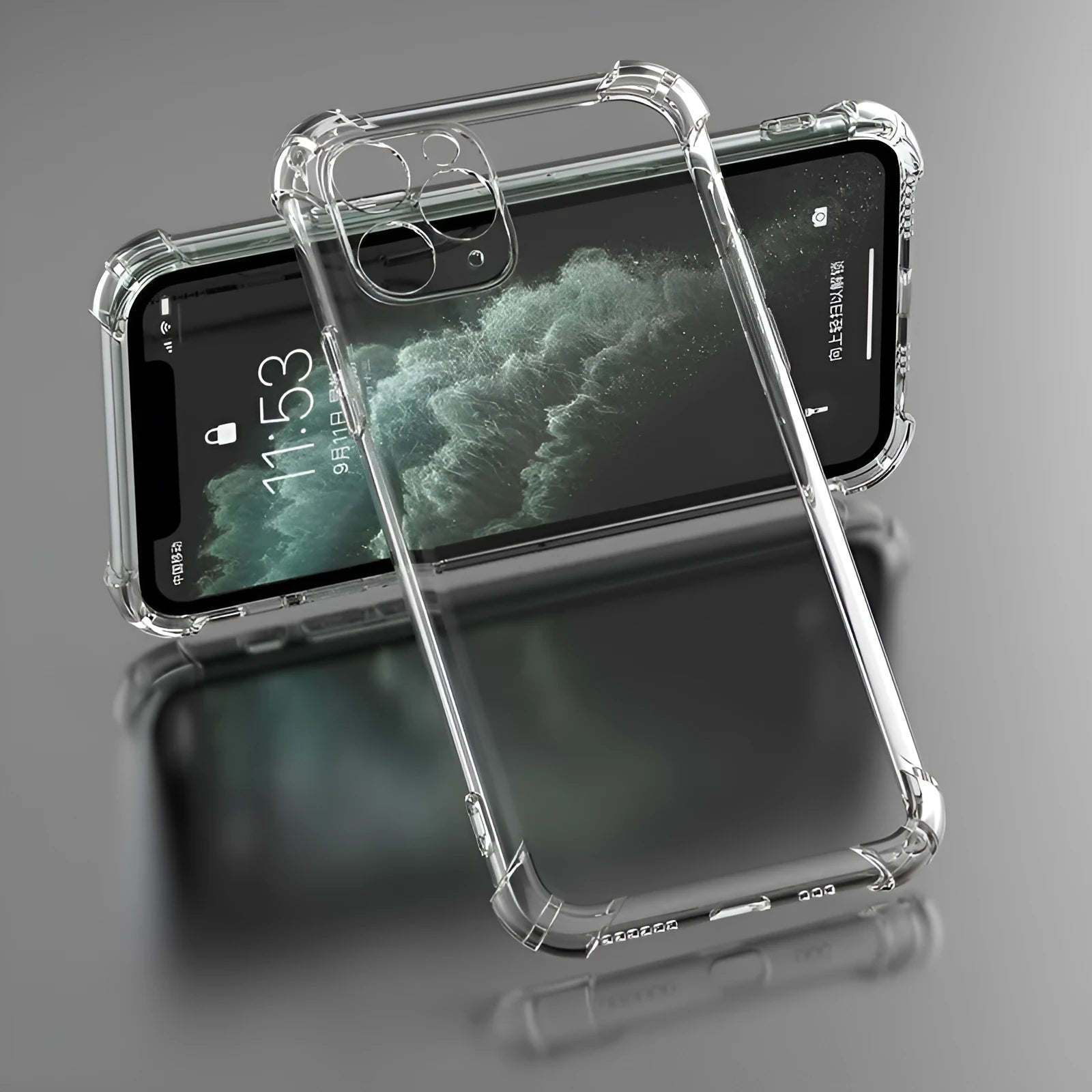Transparent shockproof TPU phone case for Apple iPhone, shown on a table.