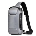 Men's medium canvas chest shoulder bag in five colour options showing zipper and internal pockets