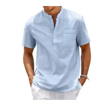 Men's solid colour stand collar short sleeve polo shirt laid flat.