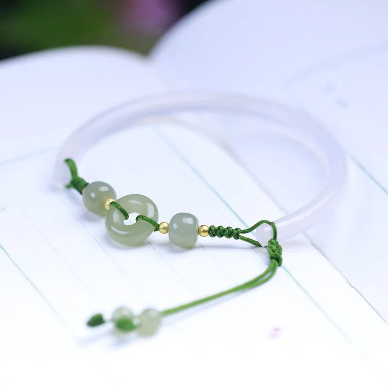 Handmade white agate and Hetian jade bracelet with peace buckle closure, 6mm bead diameter
