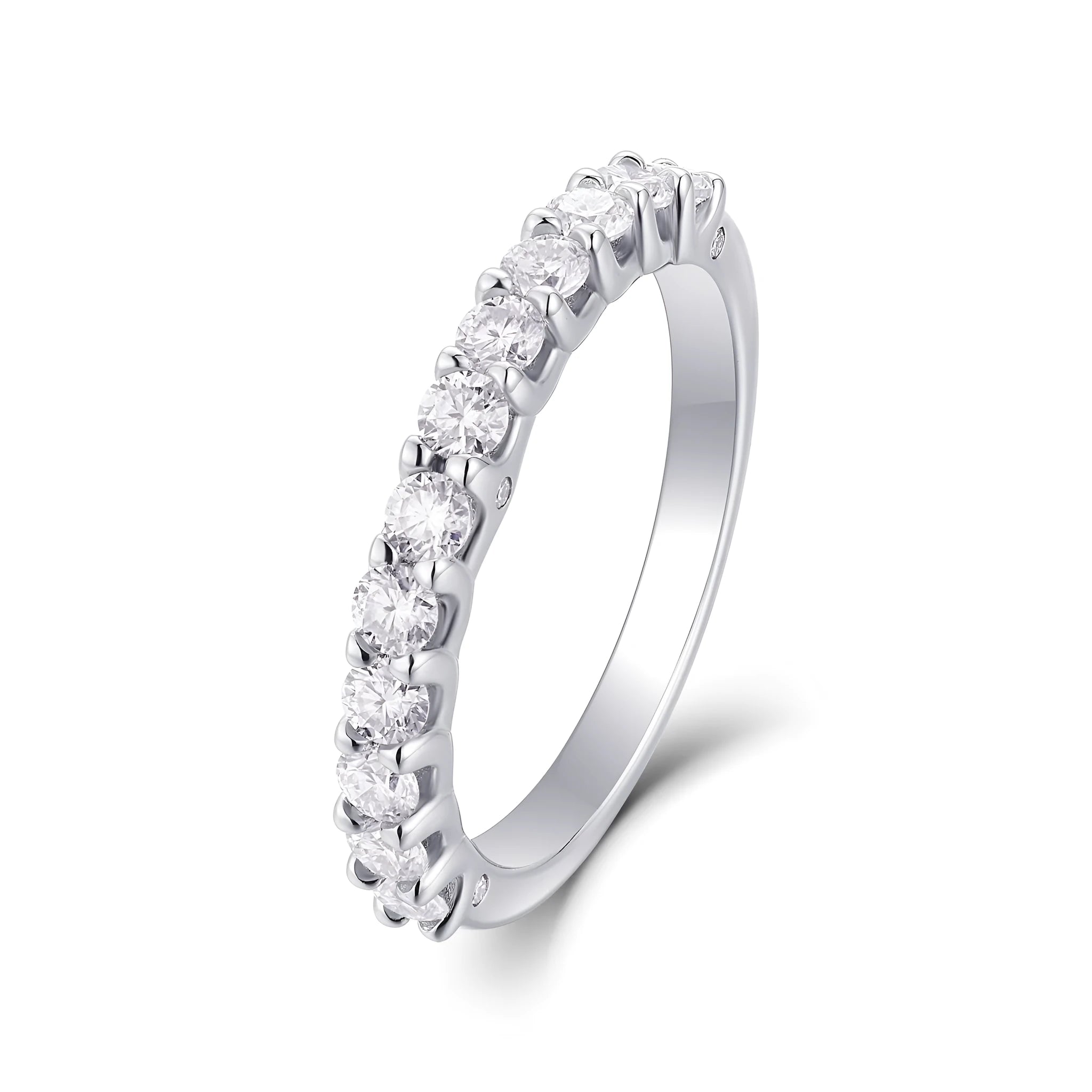 The Radiance moissanite wedding ring set in S925 silver with platinum plating, gift box packaging