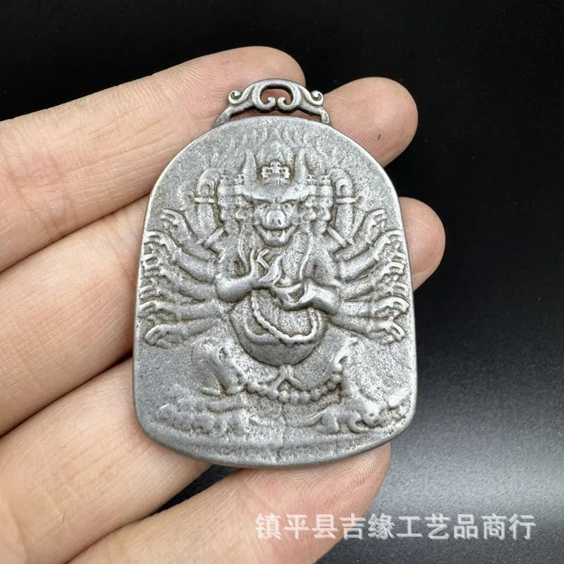 Antique iron pendant ornament with Chinese geometry and Aryaacalanatha Yamantaka design