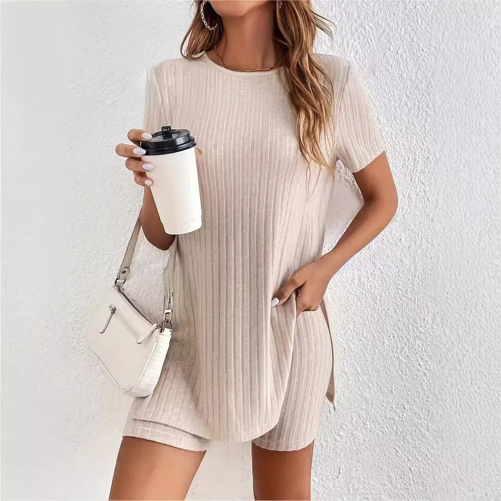 Women's cotton crew neck shorts set in khaki with ribbed texture detail