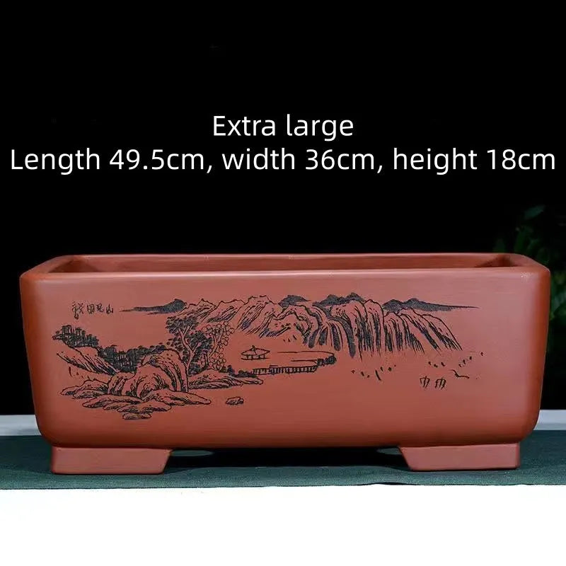 Handmade rectangular purple clay bonsai pot for Luohansong pine and Ganoderma lucidum display