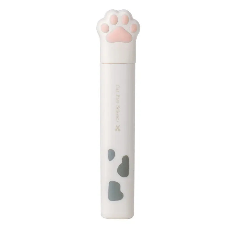 Cat paw design mini folding safety scissors in four colours: black, blue, pink, and white.
