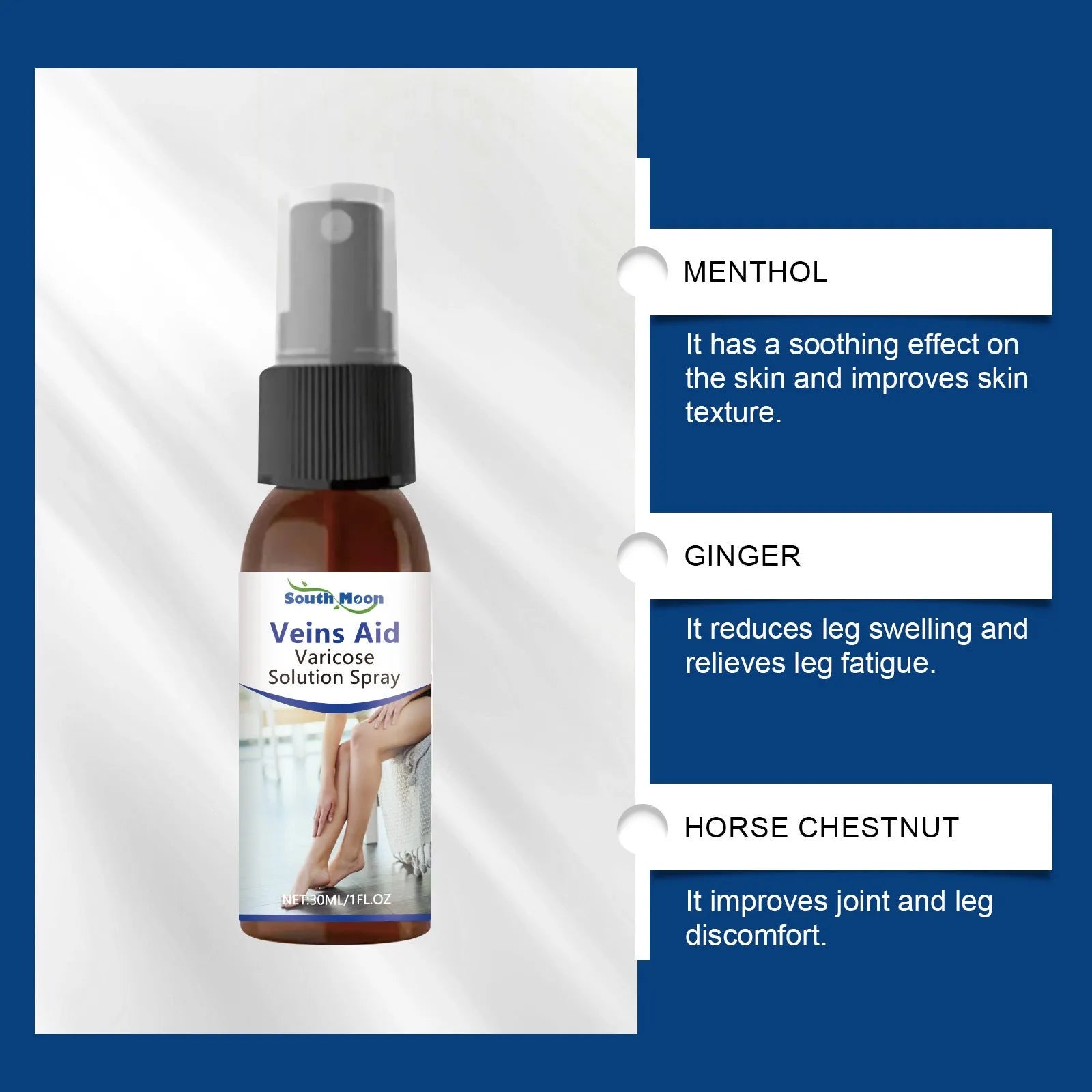 30ml leg care massage spray bottle with menthol, ginger and horse chestnut extract