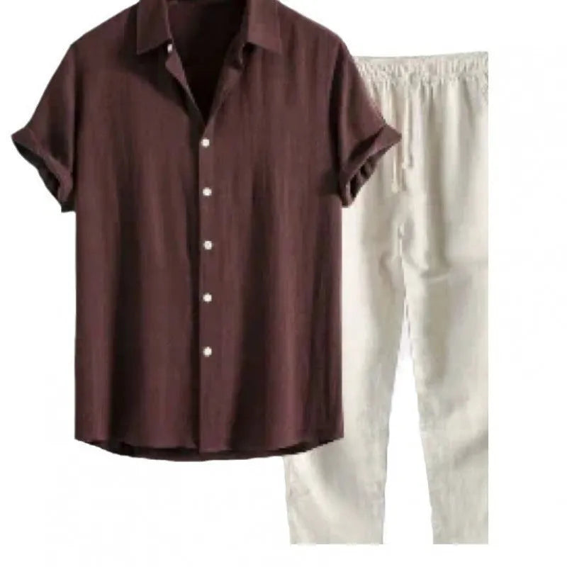 Men's casual loose short sleeve shirt and trousers set in polyester linen fabric shown in multiple colour options
