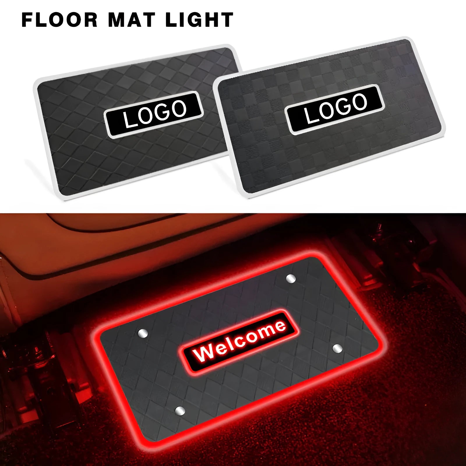 LED car foot mat light with RGB colour, diamond pattern, on car footwell floor