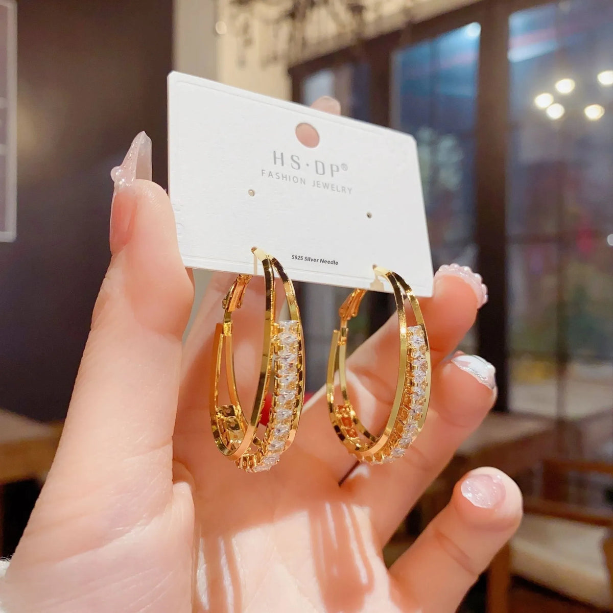 Thick gold plated zircon oval earrings on copper base for women fashion OL style