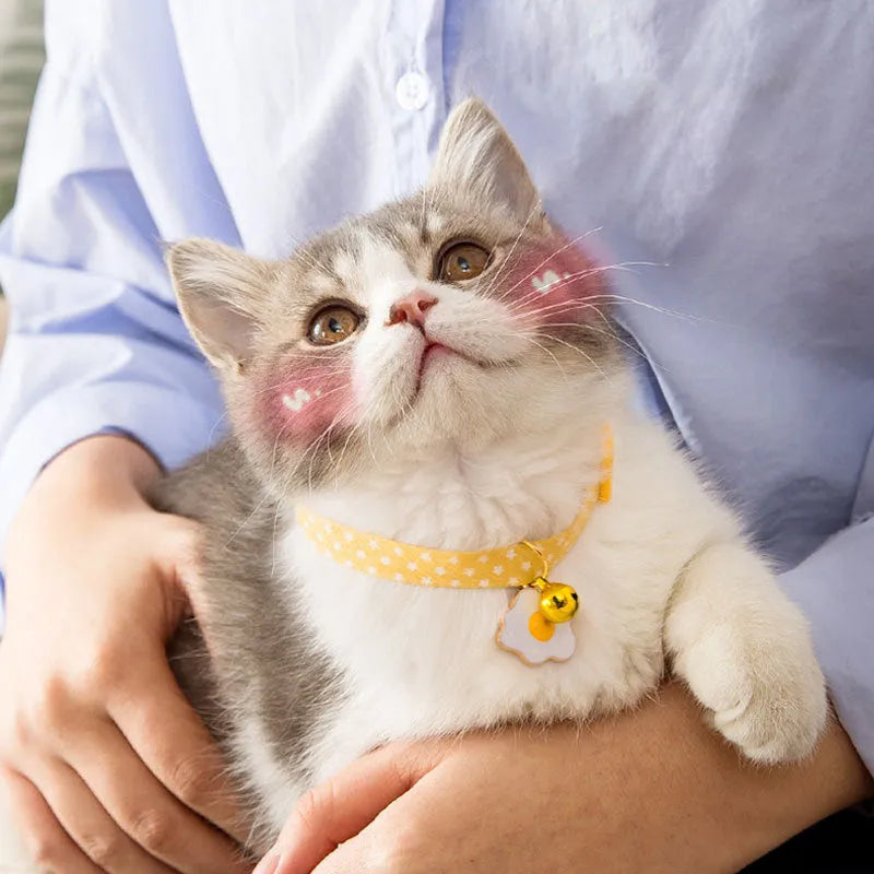 Small adjustable pet collar with bell and bow tie accessory in green, pink, or yellow colours