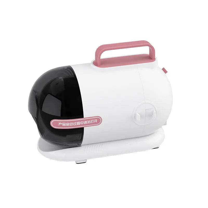 Pink white pet hair conditioner vacuum cleaner with grooming attachments on white background