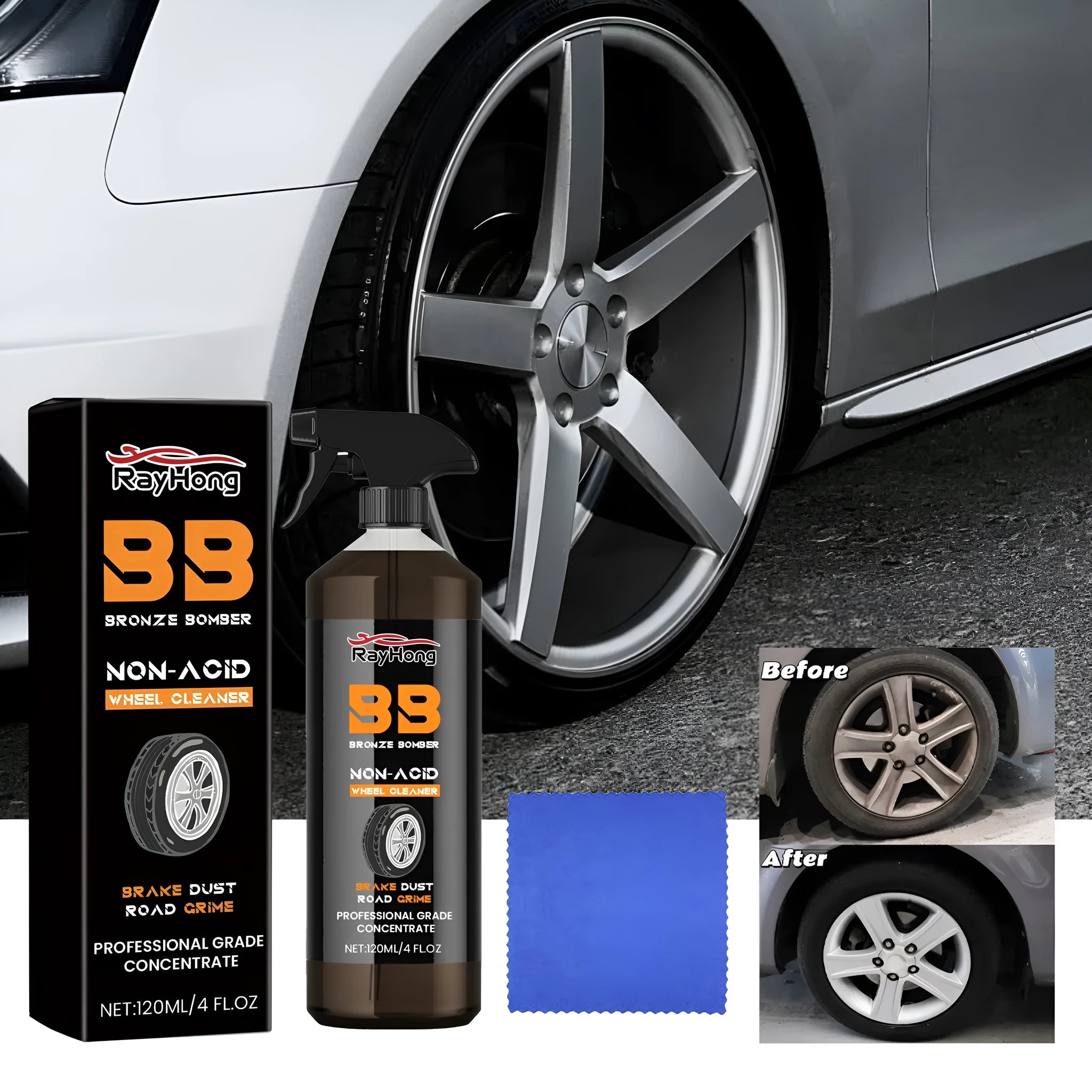 Car tyre cleaner kit with 450ml bottle and blue microfibre cloth for cleaning wheel hubs and alloys.