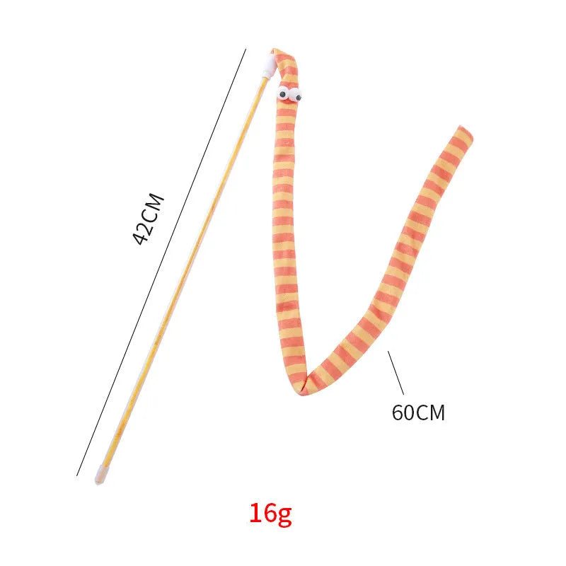 Cat wand toy with polycarbonate handle and long plush strip in vibrant colours, shown with bell attachment.