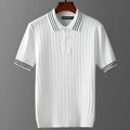 Men's ice silk short sleeve thin lapels polo sweater in black, casual pullover style, viscose fabric