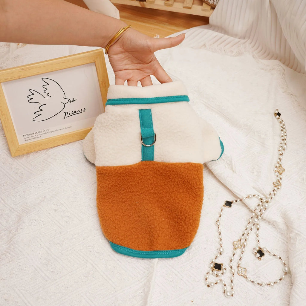 Lambswool fleece pet sweatshirt in caramel colour showing casual styling for dogs or cats