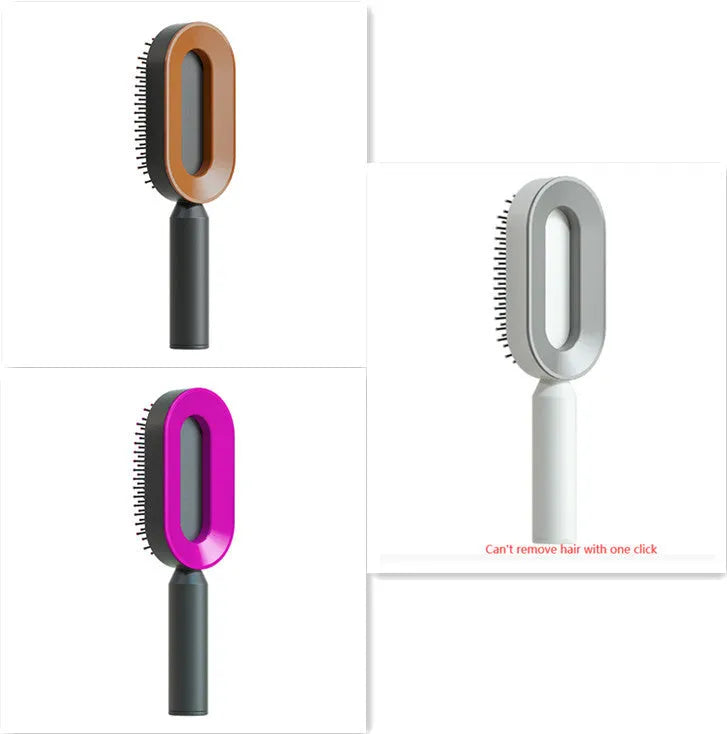 Self-cleaning air cushion hair brush in white, black gold, or black purple with ergonomic handle