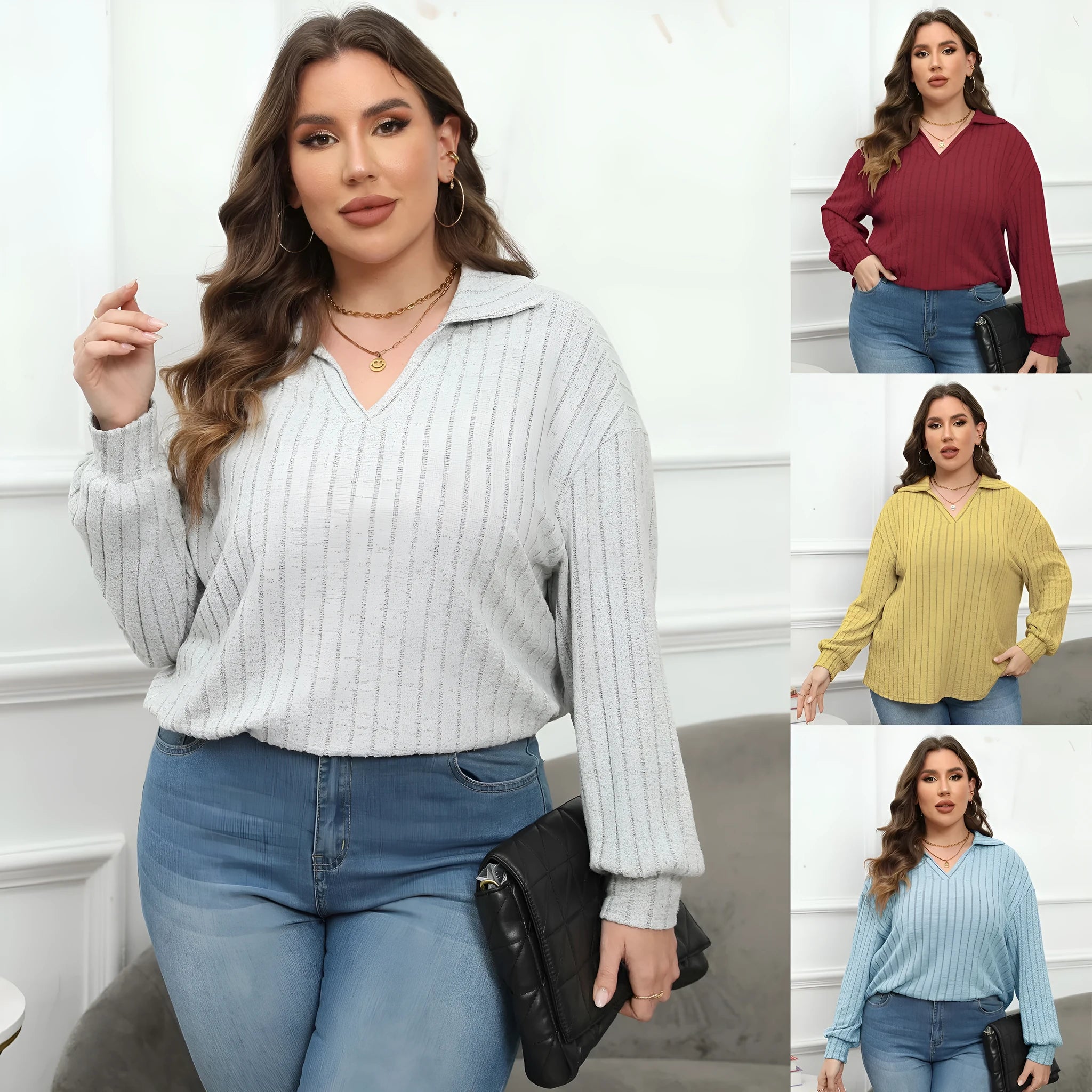 Women's plus size gray fleece pullover with polo collar and lantern sleeves