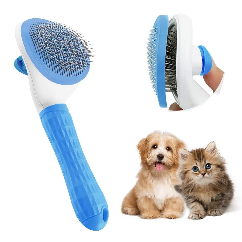 Blue, grey, and pink cat grooming brush with a release button for removing pet hair.
