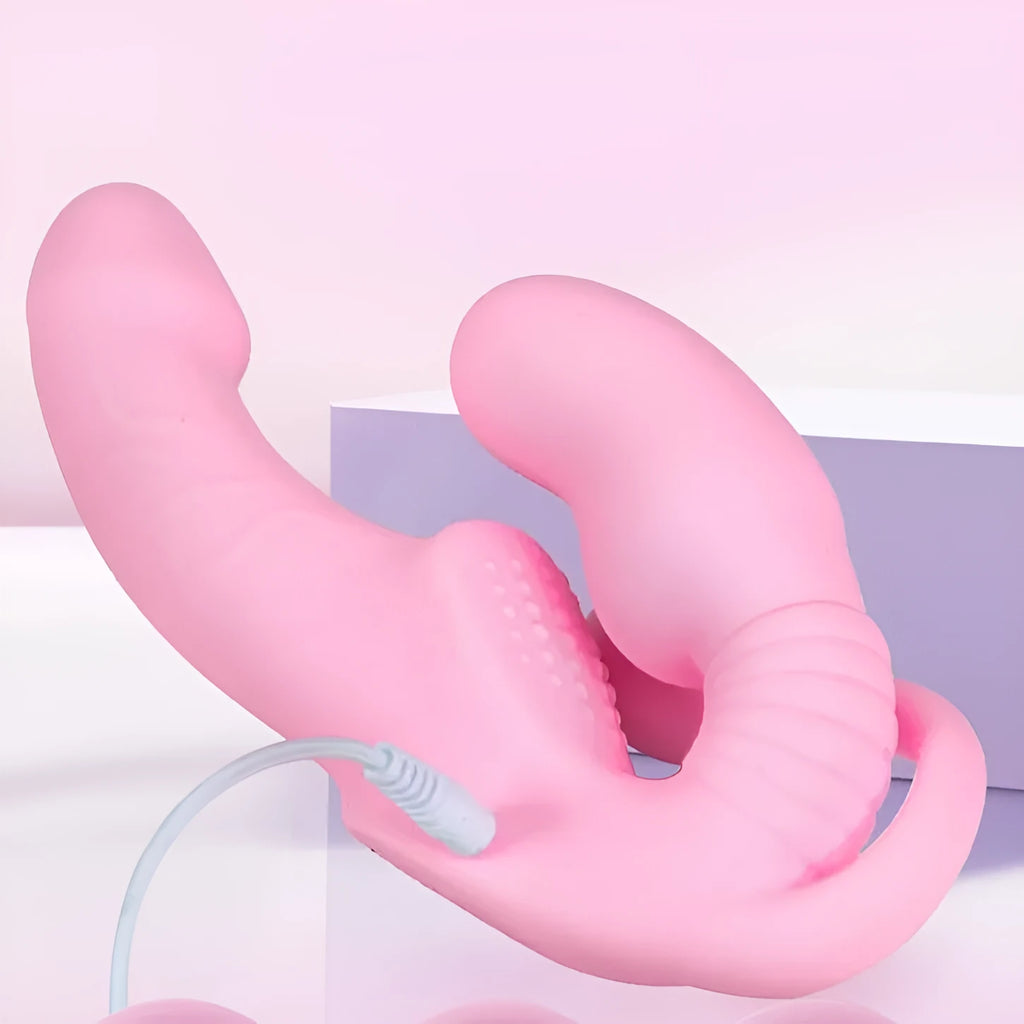 Pink three-shock double-headed dragon silicone dildo with remote control for women's wearable use