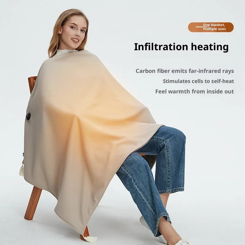 Solid colour electric shawl blanket with mobile power bank in beige, green, and red options