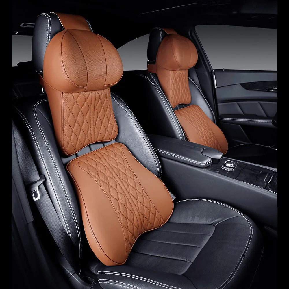 Car neck pillow and lumbar support cushion set in beige with wavy pattern texture