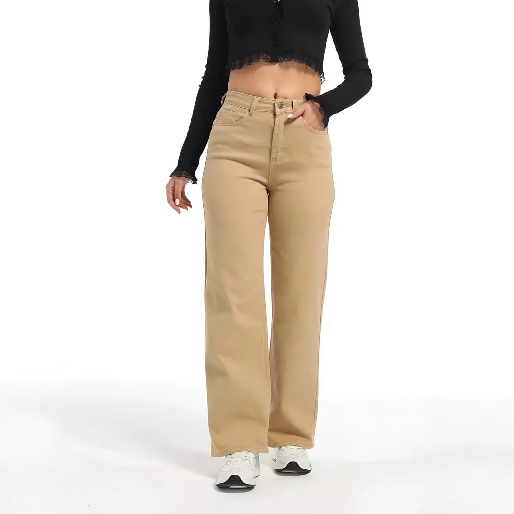 Women's high-waisted straight wide-leg jeans in apricot colour autumn casual trousers