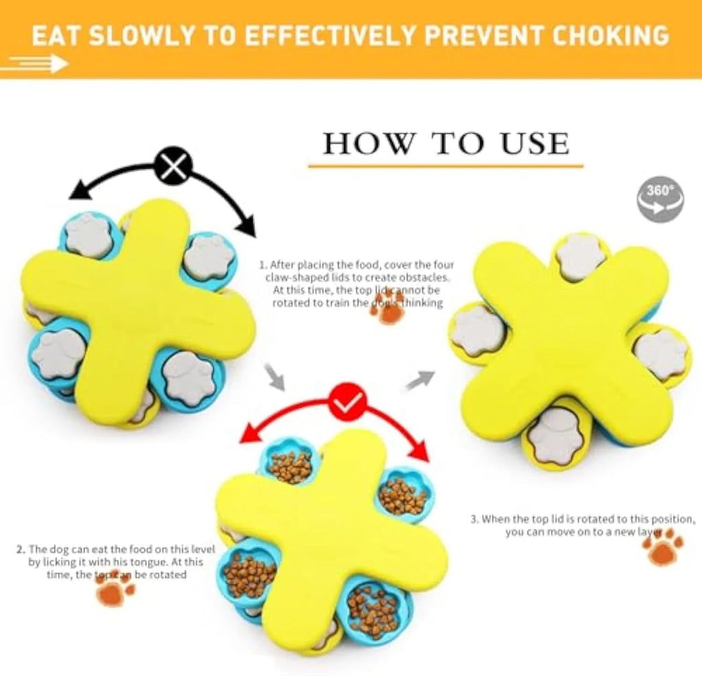 Yellow three-layer rotating dog puzzle feeder toy with removable lids and non-slip base
