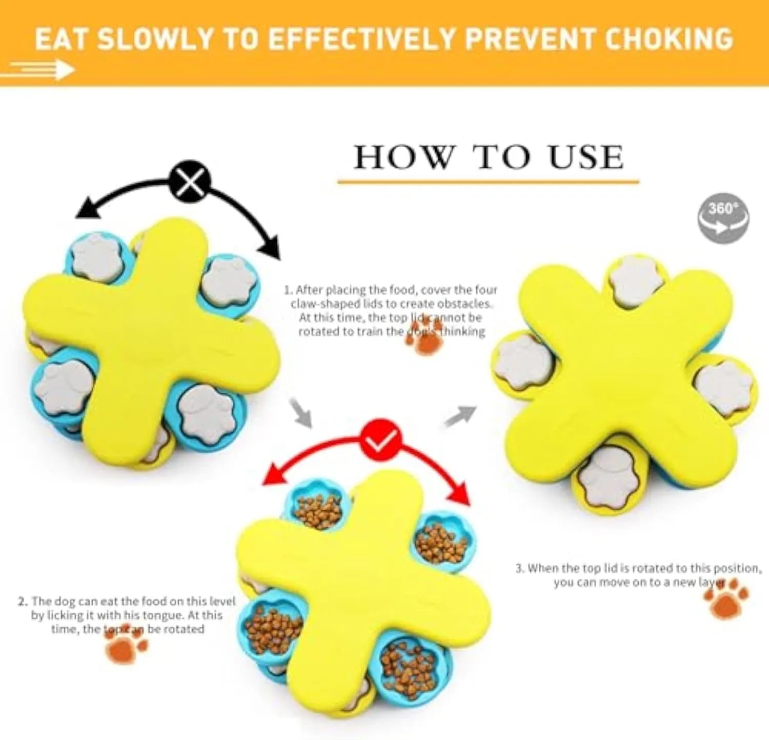 Yellow three-layer rotating dog puzzle feeder toy with removable lids and non-slip base