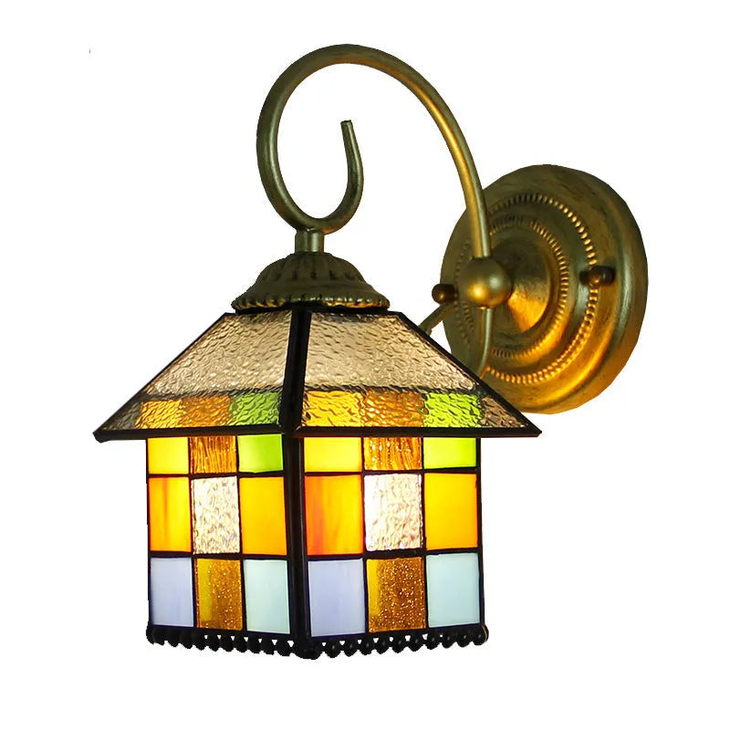 A coloured stained glass wall lamp designed for mounting in a corridor or hallway.