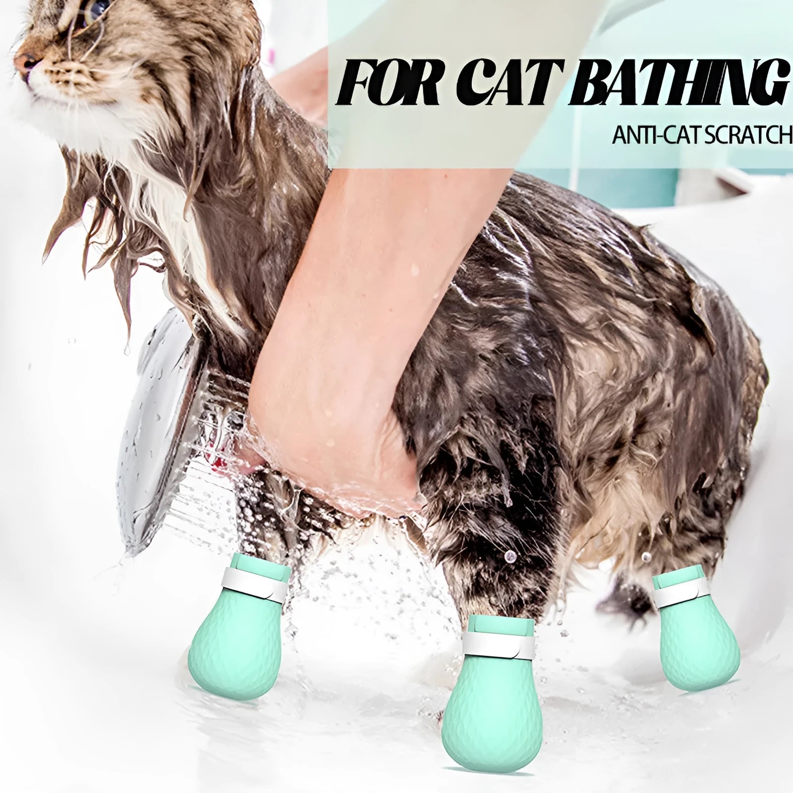 Four green silicone cat anti-scratch foot cover gloves for paw protection during grooming