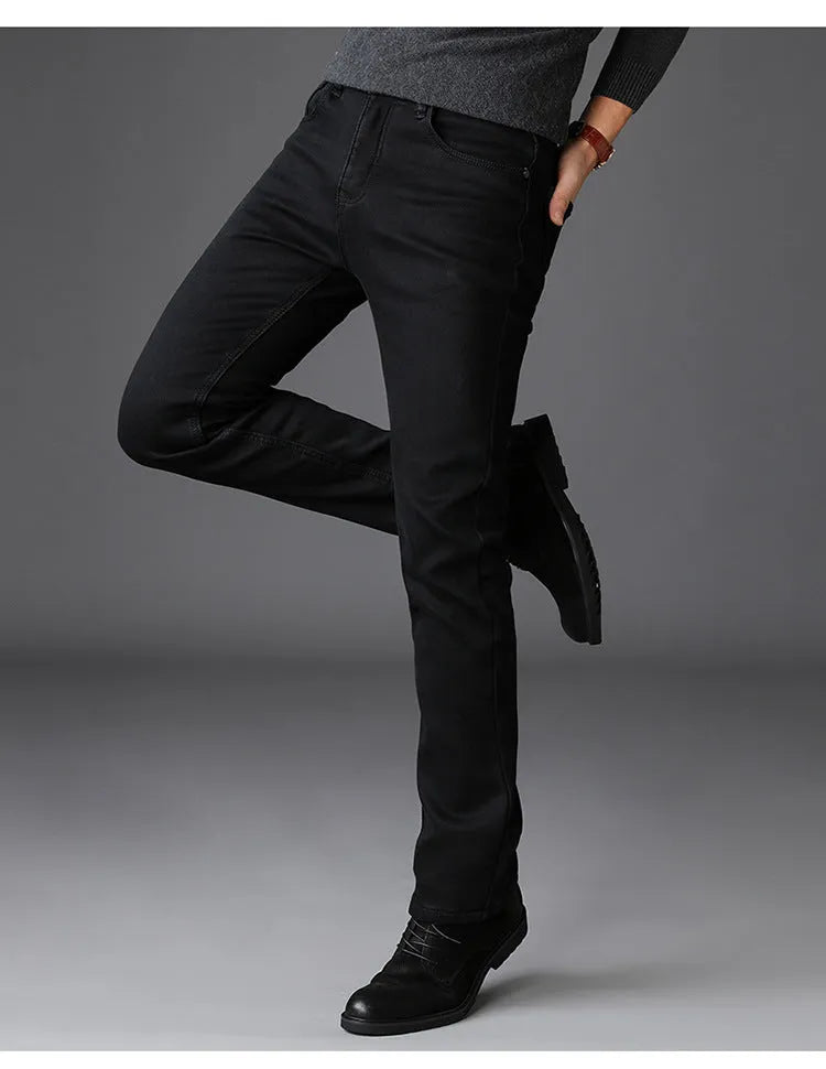 Men's slim straight black jeans made of cotton denim, flat lay