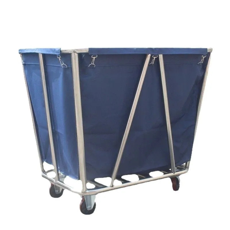 Stainless steel hotel cloth product trolley with blue bag and tubes for linen transport