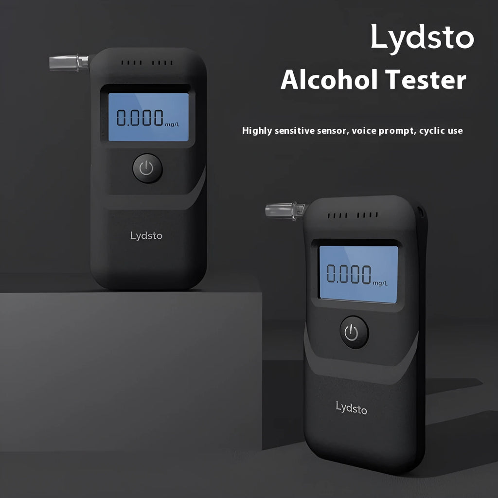Black handheld household alcohol breath tester model HD-JJCSY01 on a white background.