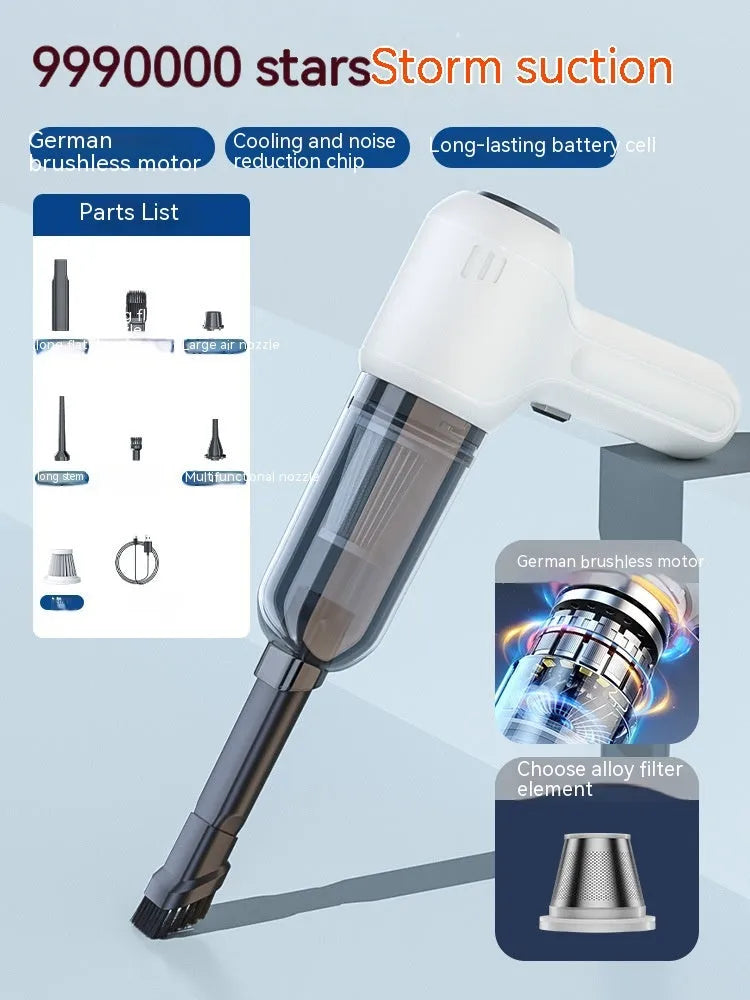 Black cordless car vacuum cleaner with multiple nozzle attachments on a car seat.