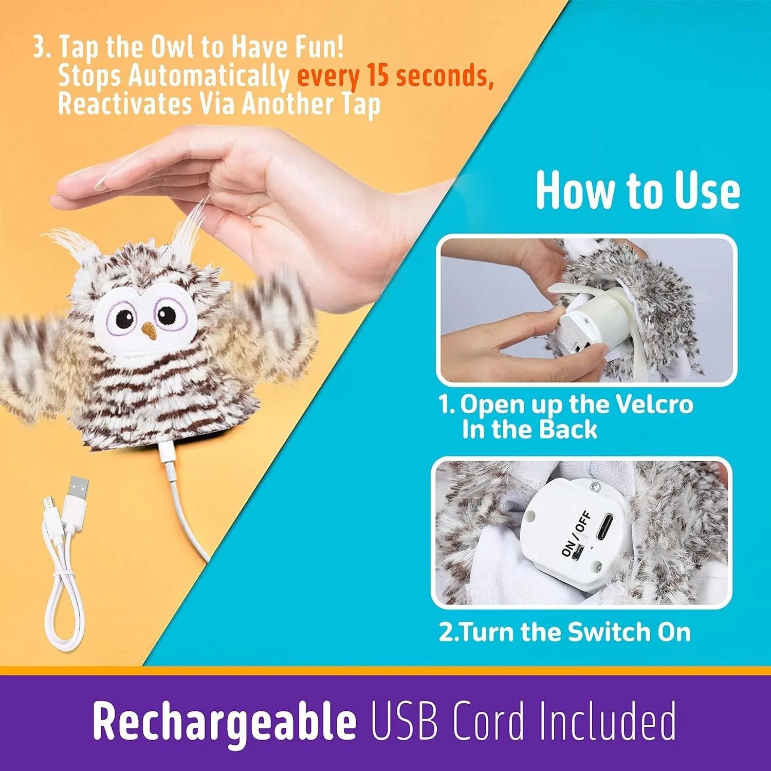 Grey automatic owl cat toy with flapping wings on white background