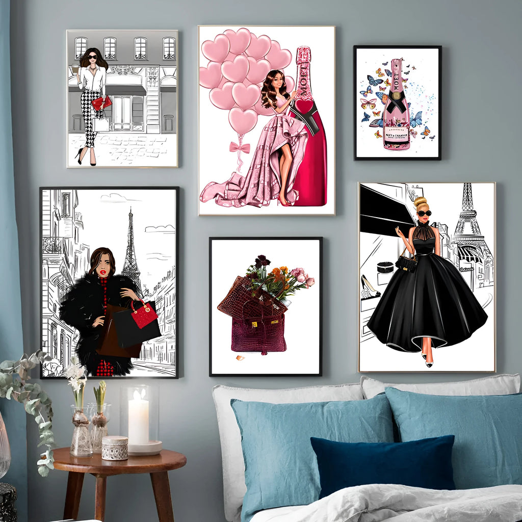 Modern cartoon canvas wall art print showing fashion girl with balloons and champagne for living room decoration
