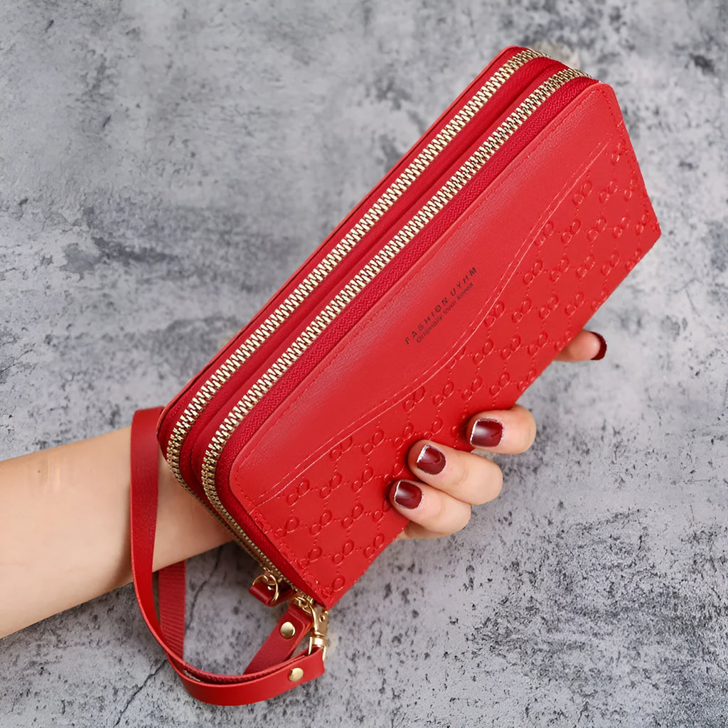 Women's double layer zipper coin purse in PU leather with six colour options, 20x4x10 cm